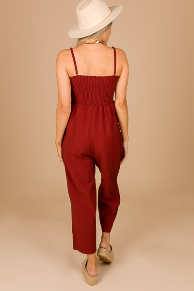 Smocked Solid Jumpsuit, Rust