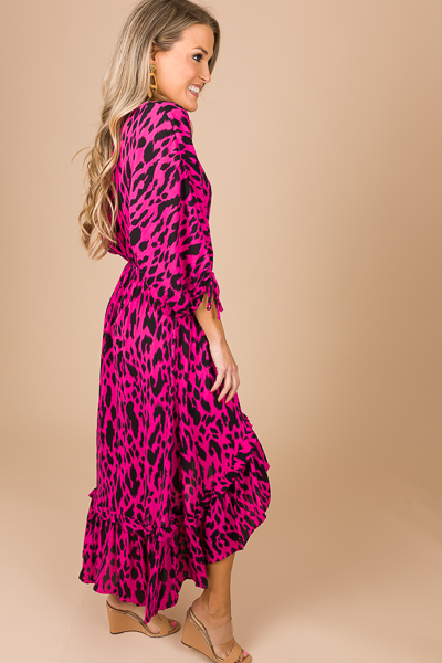 Leopard High Low Midi, Hot Pink