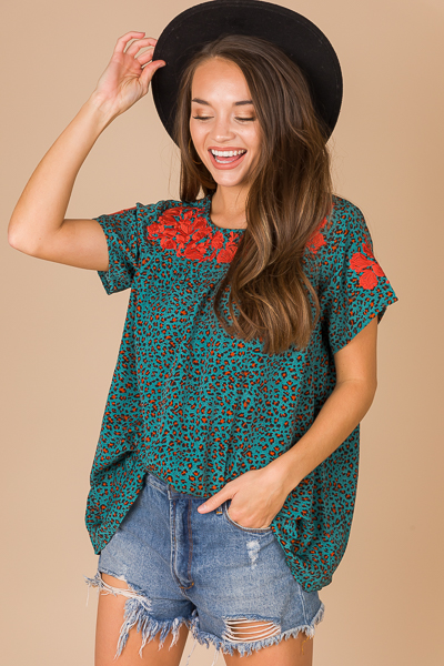 Embroidery Cheetah Top, Teal
