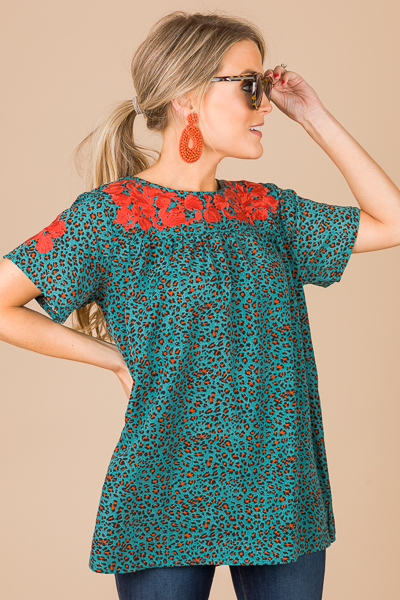 Embroidery Cheetah Top, Teal