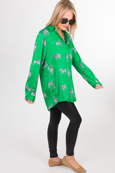 Zebra Button Down Blouse, Green