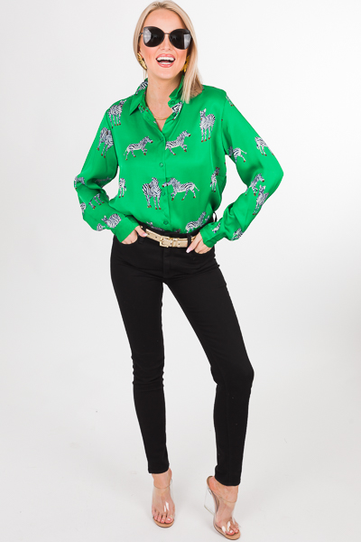 Zebra Button Down Blouse, Green