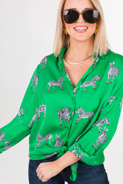 Zebra Button Down Blouse, Green