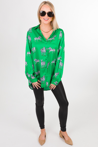 Zebra Button Down Blouse, Green