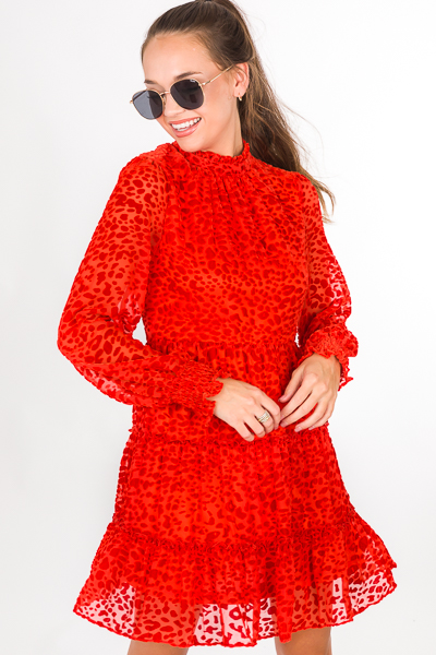 Burnout Tiered Dress, Red