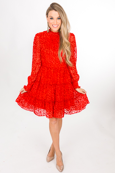 Burnout Tiered Dress, Red