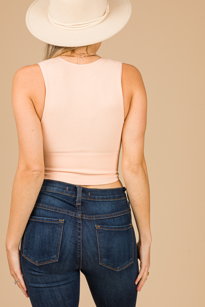 Ribbed Plunge Crop Top, Peach