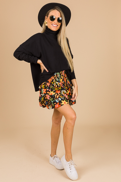 Floral Smock Skirt, Black Multi