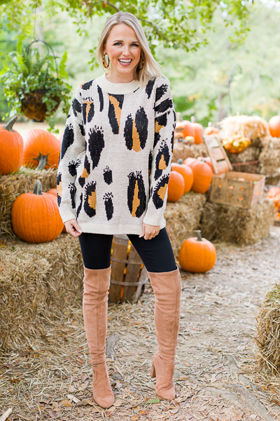 Leopard Boucle Sweater, Sand
