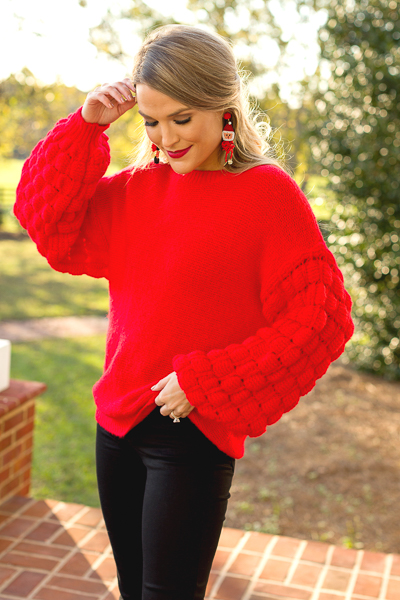 Puffed Sleeves Sweater, Red