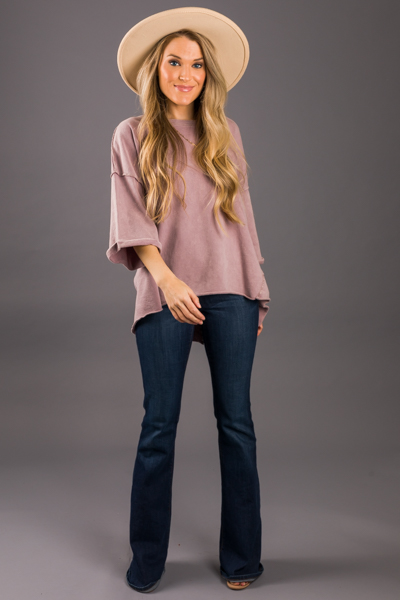 Cuff Sleeve Boxy Tee, Mauve