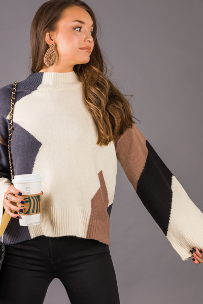 Abstract Colorblock Sweater, Ivory