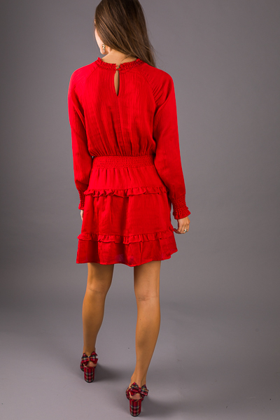 Crinkle Ruffle Dress, Solid Red