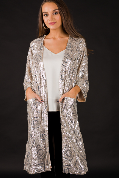 Sequin Belted Duster, Champagne