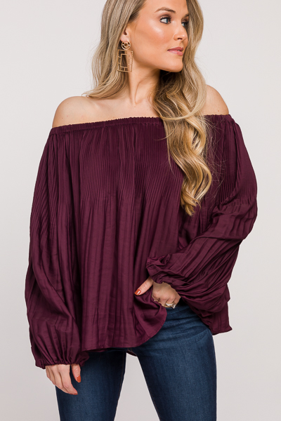 Pleated Off Shoulder Top, Wine