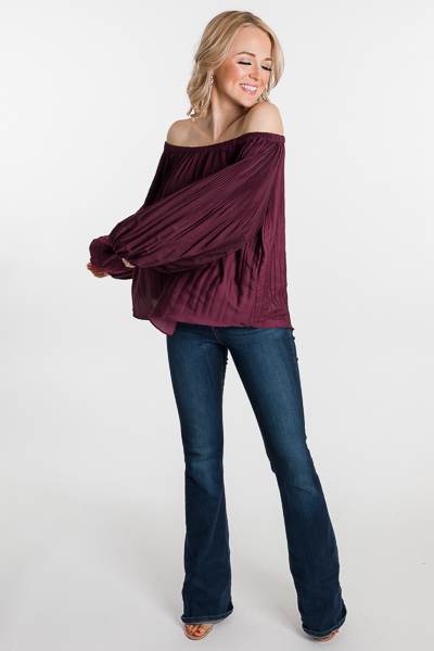 Pleated Off Shoulder Top, Wine