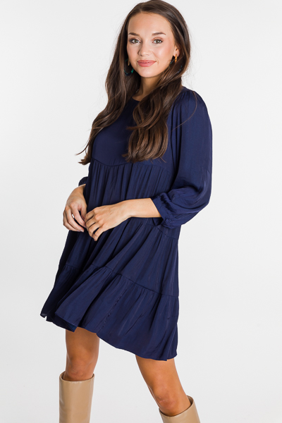 Tiered Satin Dress, Navy