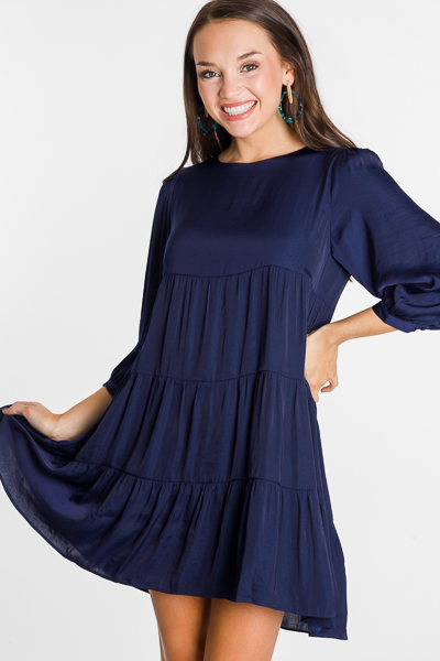 Tiered Satin Dress, Navy