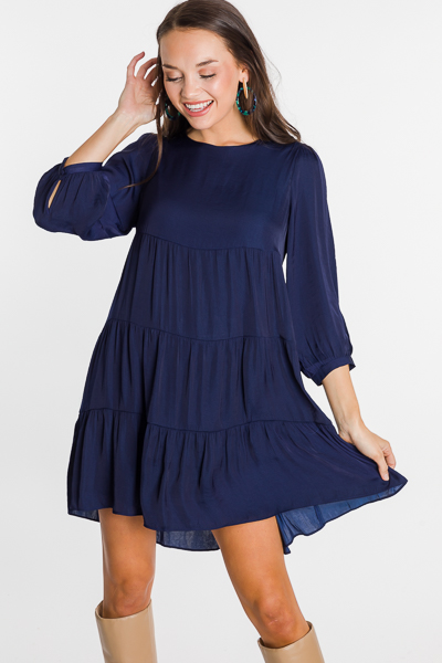 Tiered Satin Dress, Navy
