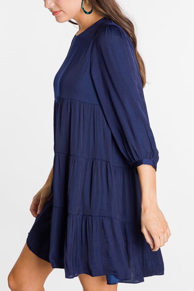 Tiered Satin Dress, Navy