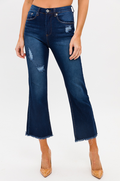 Distress Flare Hem Jeans, Dark