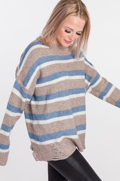Distress Stripe Sweater, Blue