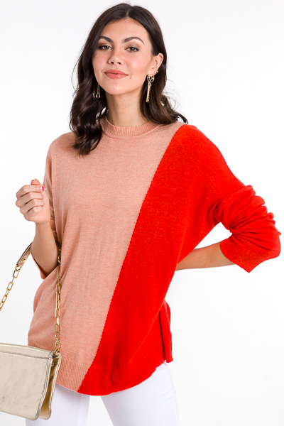 Two Tone Slant Sweater, Coral