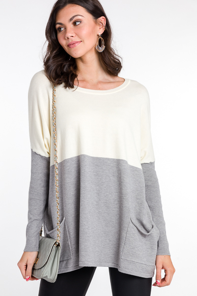 Split Pocket Sweater, Ivory/ Grey