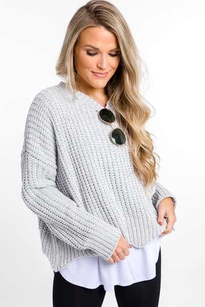 Scallop Chenille Sweater, Grey