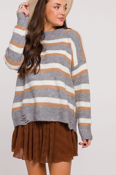 Distress Stripe Sweater, Grey