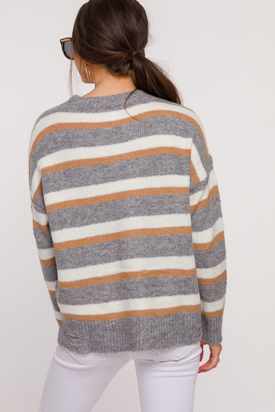 Distress Stripe Sweater, Grey