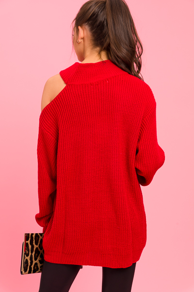 Shoulder Cutout Sweater, Red
