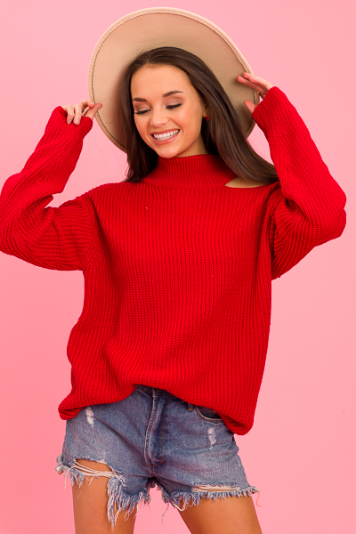 Shoulder Cutout Sweater, Red