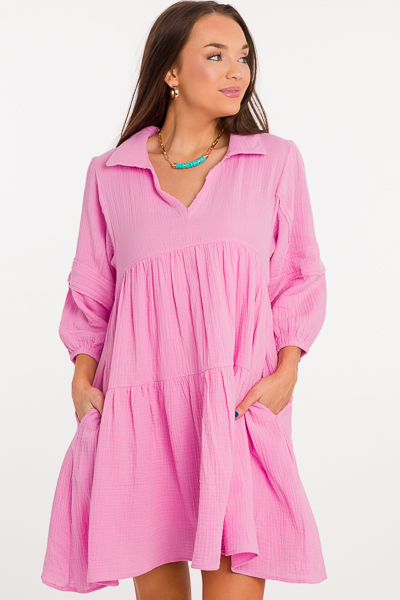 Collared Gauze Dress, Cool Pink