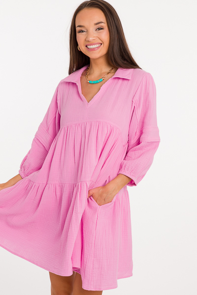 Collared Gauze Dress, Cool Pink