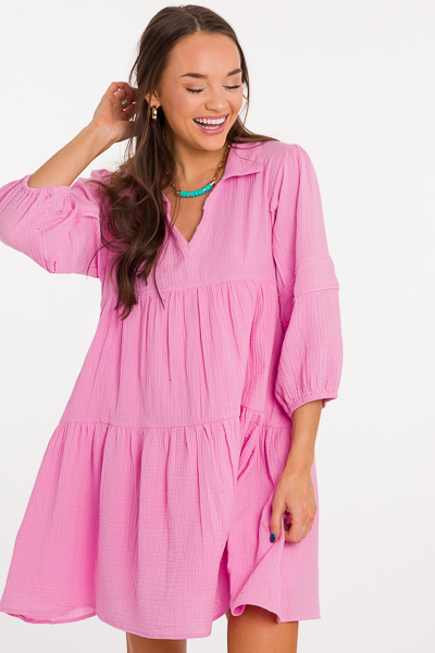 Collared Gauze Dress, Cool Pink