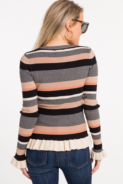 Striped Ruffle Edge Sweater, Taupe
