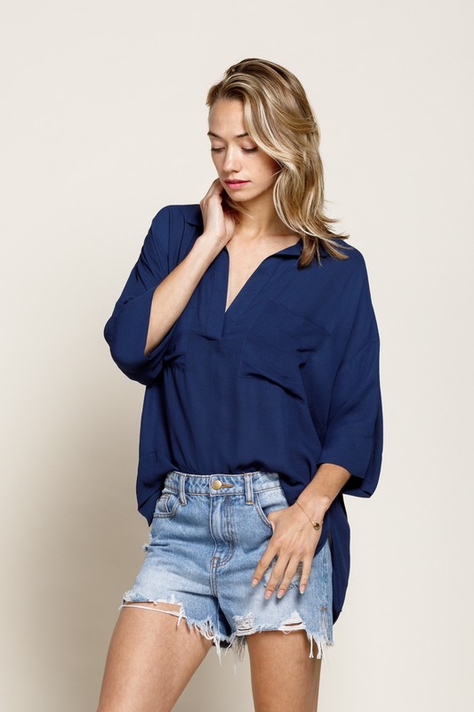 Collared Pocket Blouse, Navy