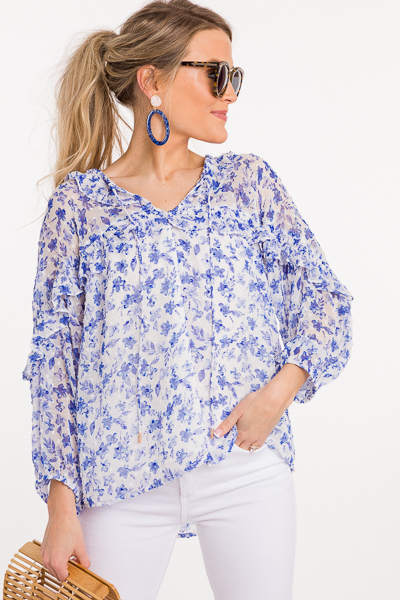 Floaty Blouse, Blue Floral - 3/4 & Long Sleeve - Tops - The Blue Door ...