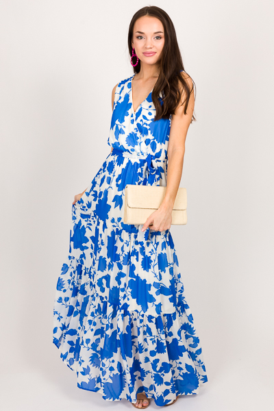 Belted Blue Floral Maxi - Sleeveless - Dresses - The Blue Door Boutique