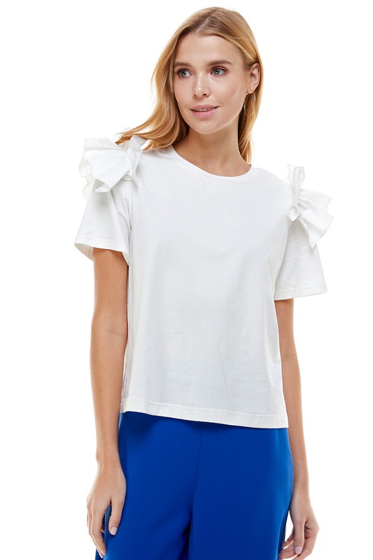 Ruffle Shoulder Tee, White