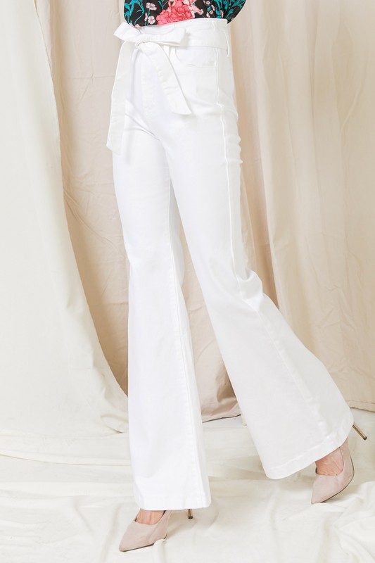 Tie Belt Flare Jeans, White Jeans Bottoms The Blue Door Boutique