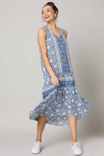 Drop Waist Button Maxi, Blue