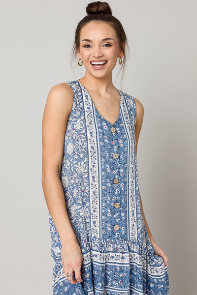 Drop Waist Button Maxi, Blue