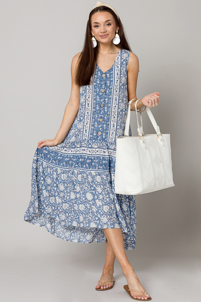 Drop Waist Button Maxi, Blue