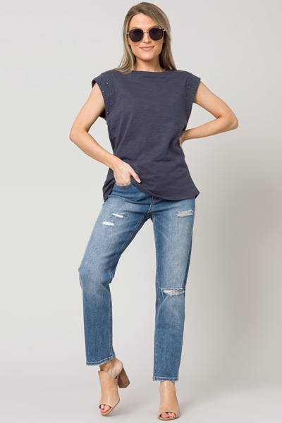 Stud Sleeve Top, Navy