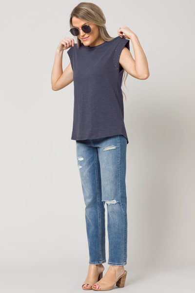 Stud Sleeve Top, Navy