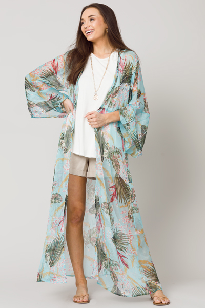 Tropical Belted Kimono, Aqua