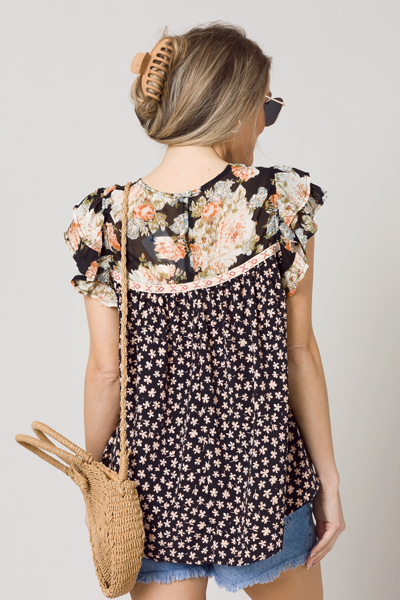 Black Floral Contrast Top