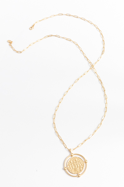 Coin & Chain Long Necklace, Gold